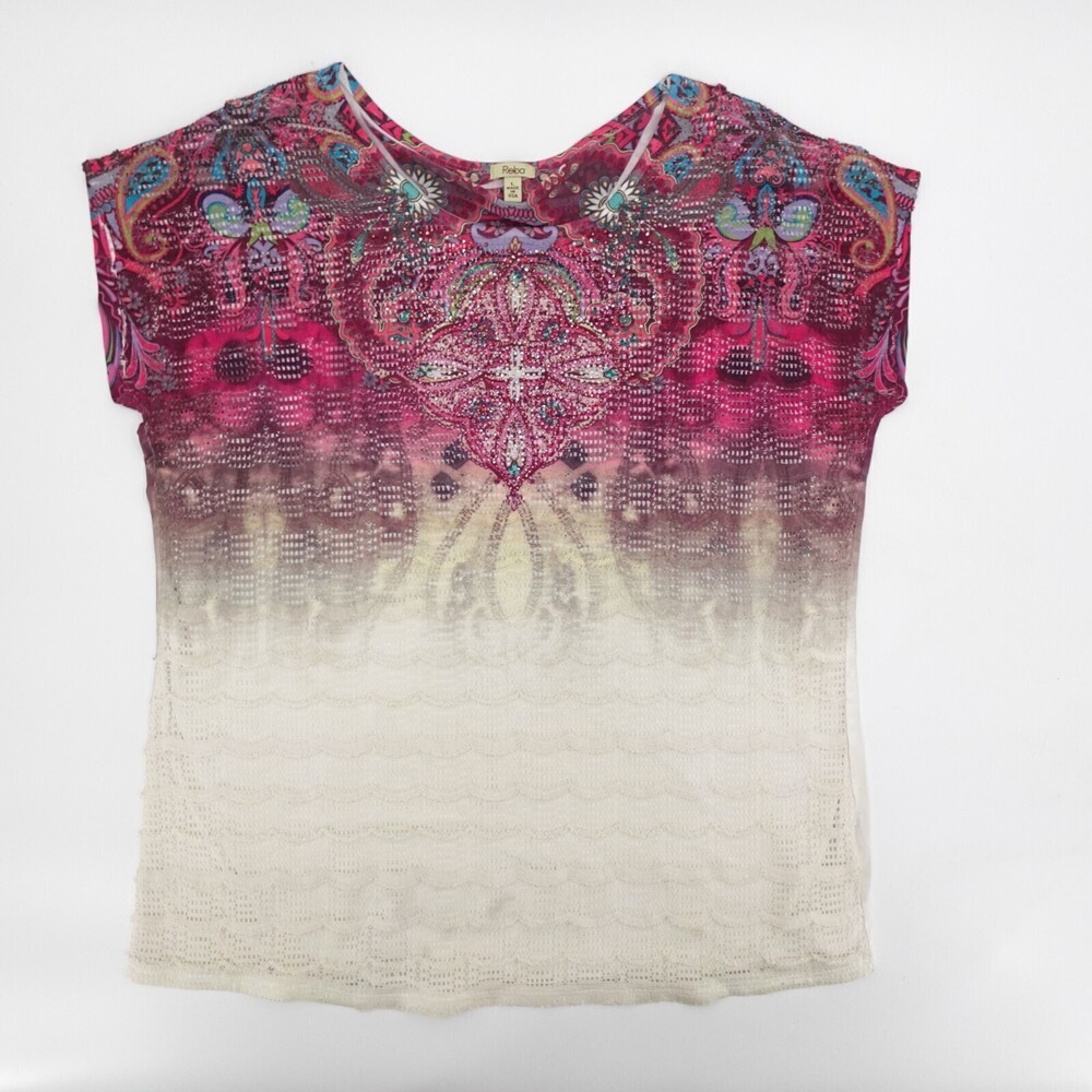 Reba Shirt Womens Large Blouse Aztec Paisley Ombre T-Shirt Cap Sleeve Western